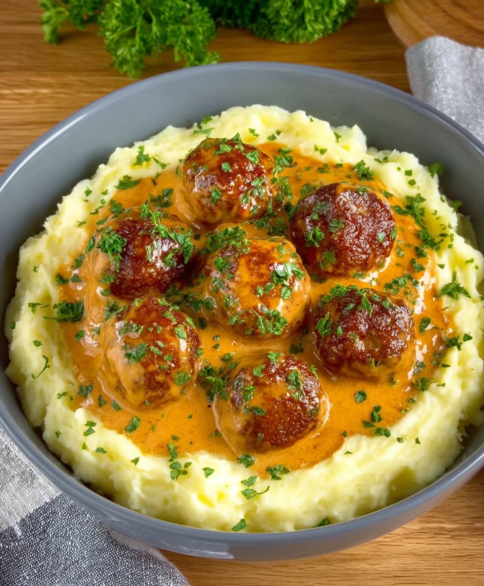 Hackbällchen cremige Sauce Kartoffelpüree