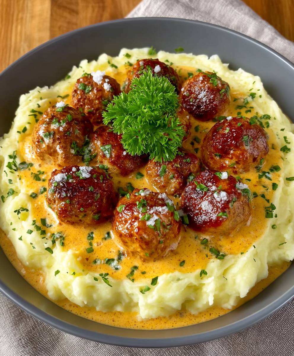 Hackbällchen cremige Sauce Kartoffelpüree