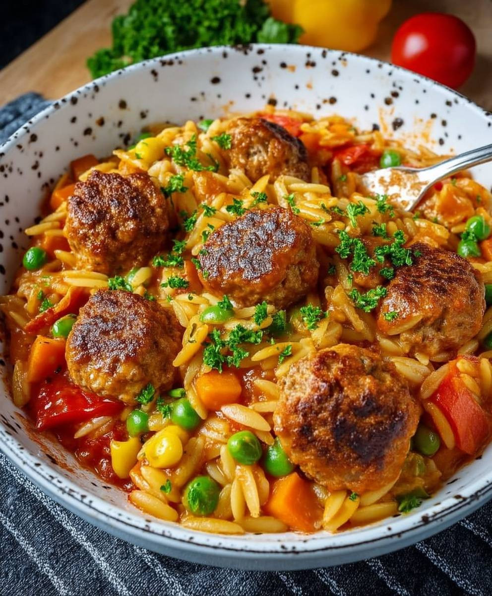 Orzo Pfanne mit Hackbällchen