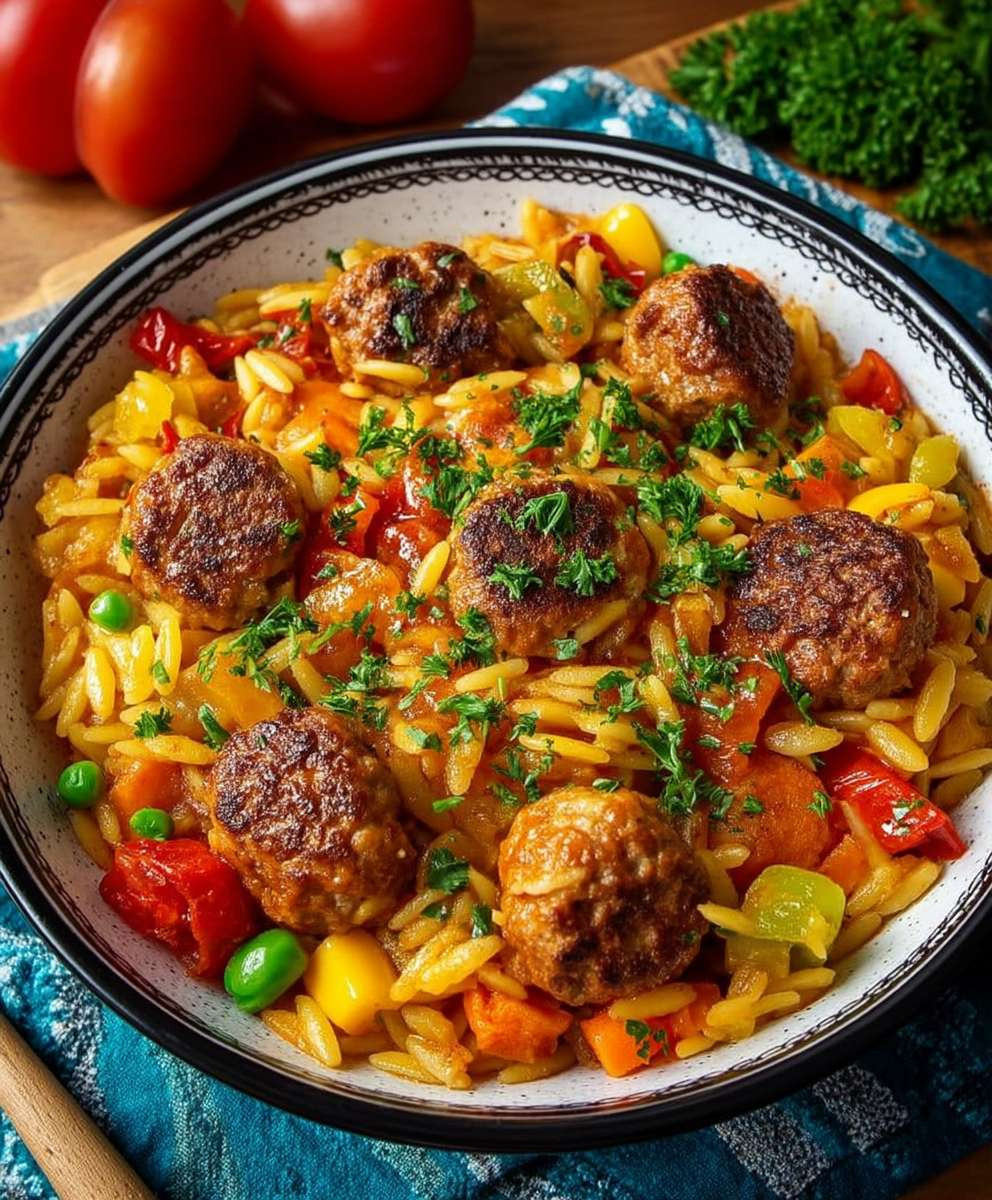 Orzo Pfanne mit Hackbällchen