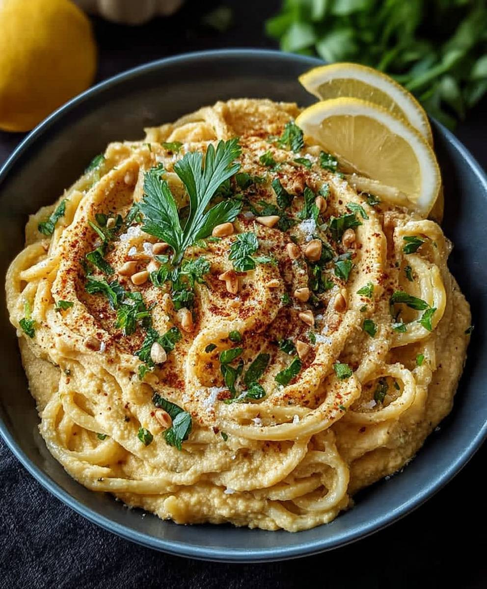 Zitronige Hummus Pasta einfach zubereiten