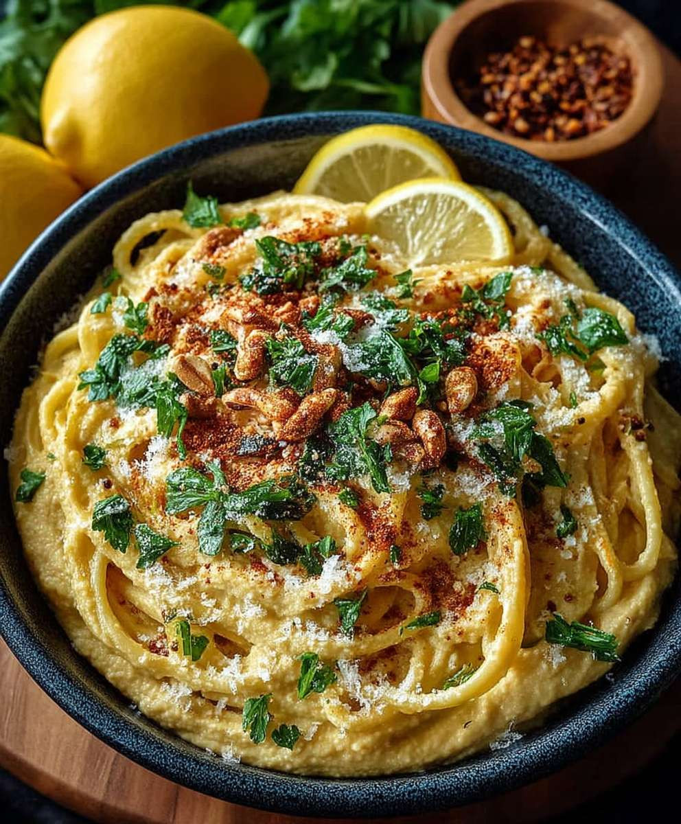 Zitronige Hummus Pasta einfach zubereiten