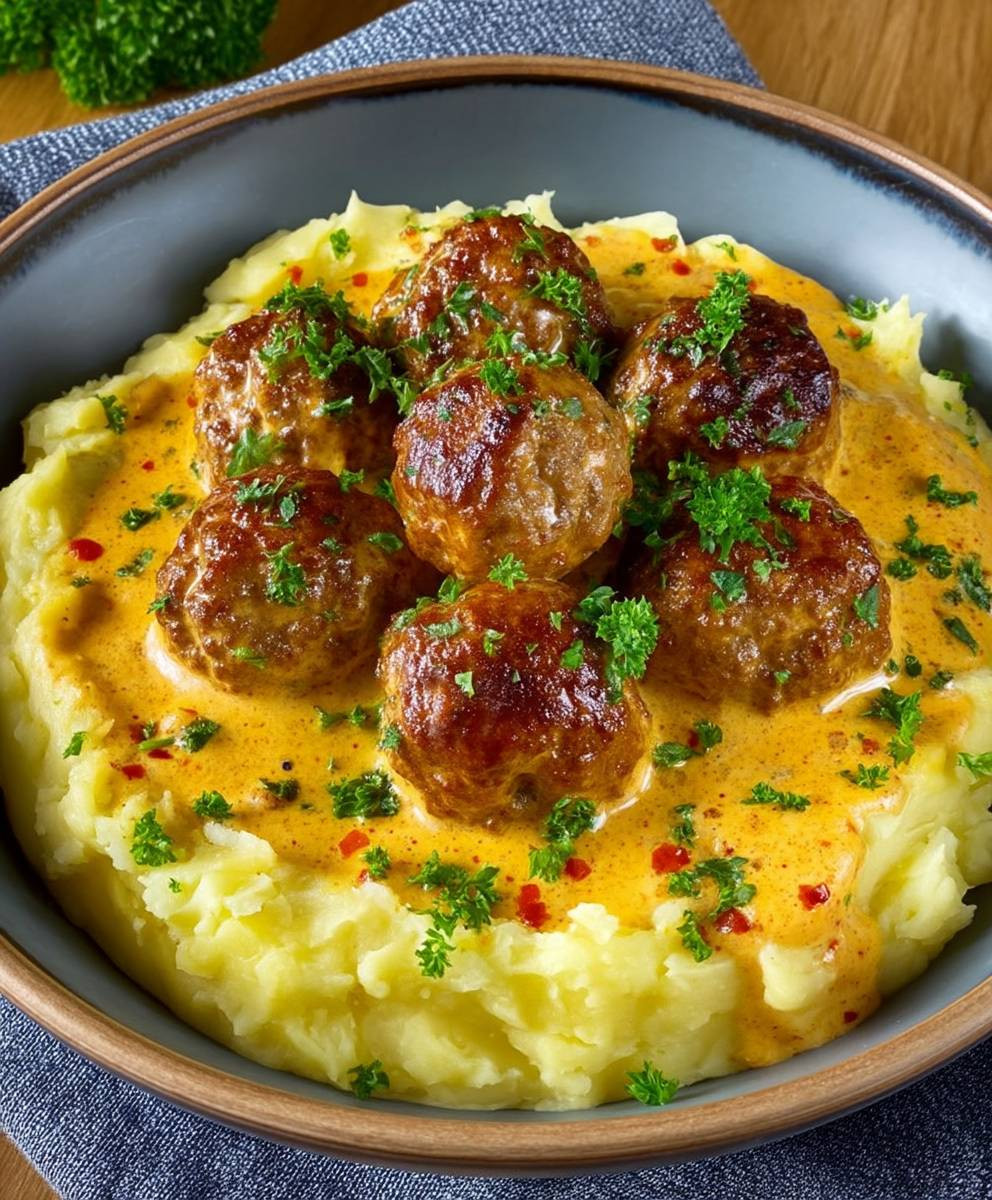 Hackbällchen cremiger Sauce Kartoffelpüree