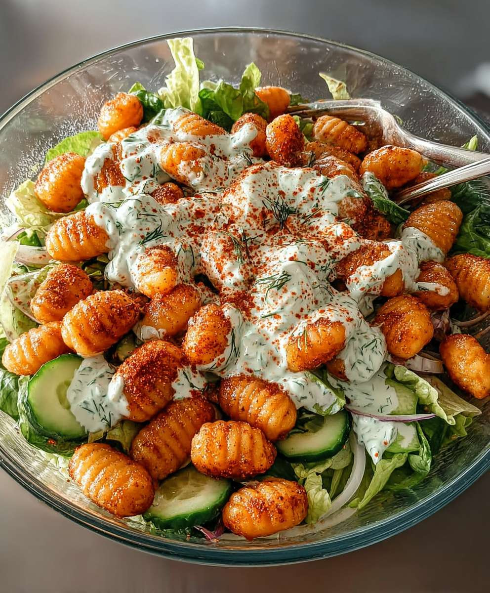Knuspriger Gnocchi Salat Joghurt Dressing