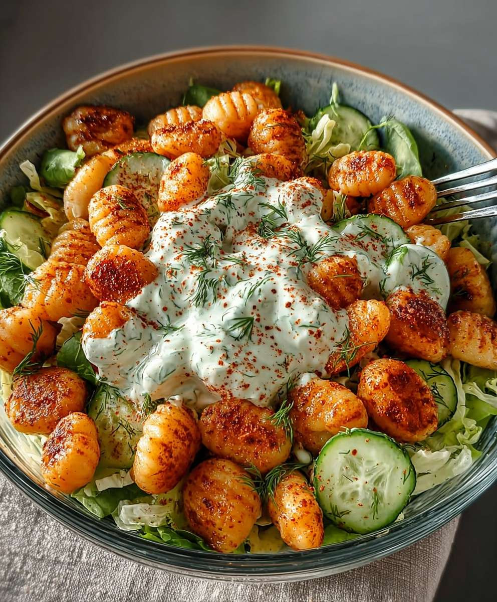 Knuspriger Gnocchi Salat Joghurt Dressing