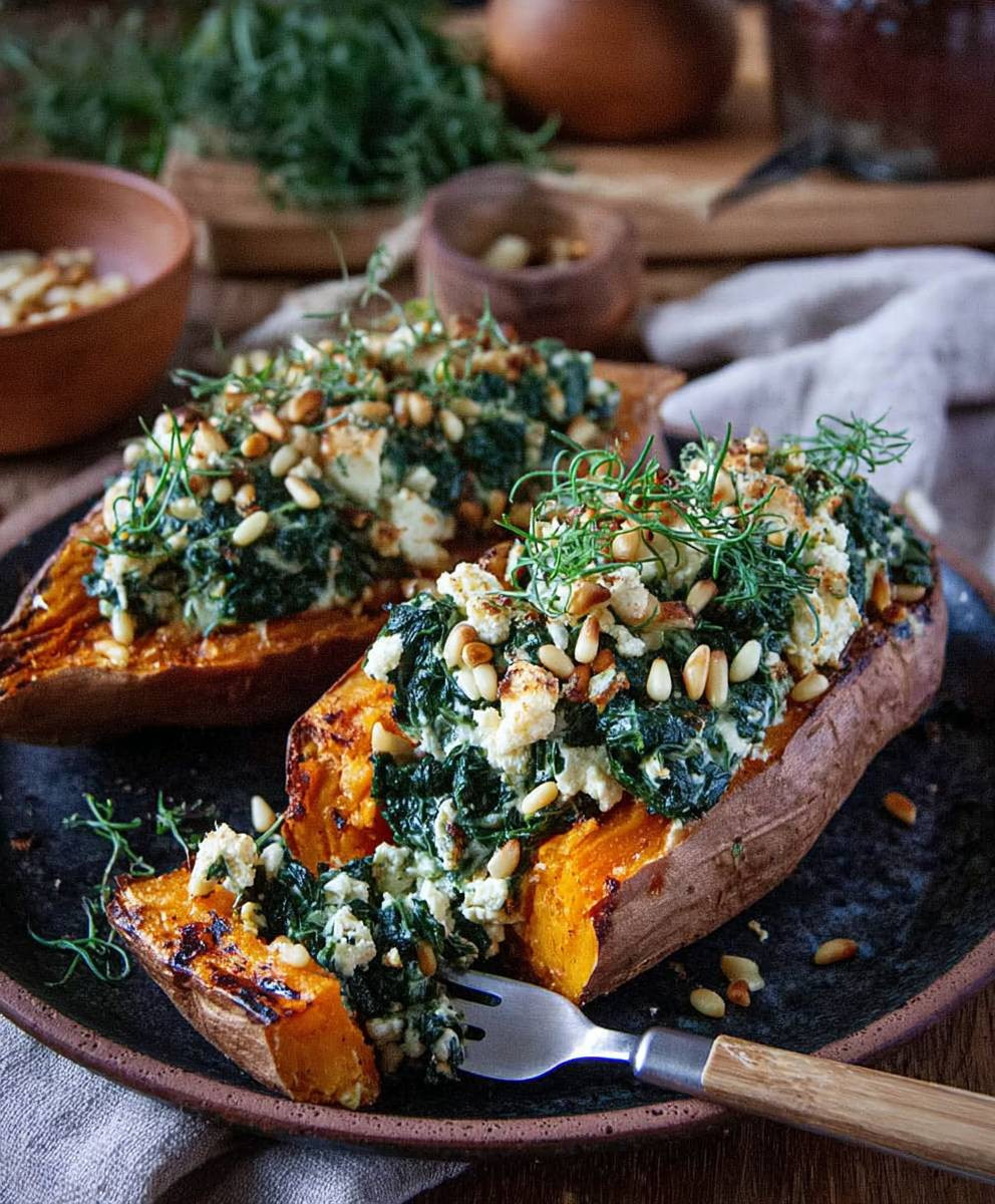 Gefüllte Süßkartoffel mit Feta Spinat