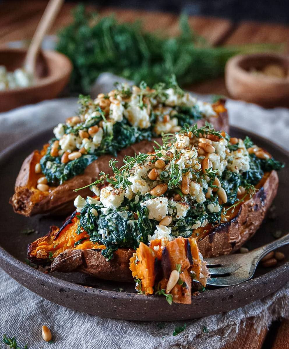 Gefüllte Süßkartoffel mit Feta Spinat