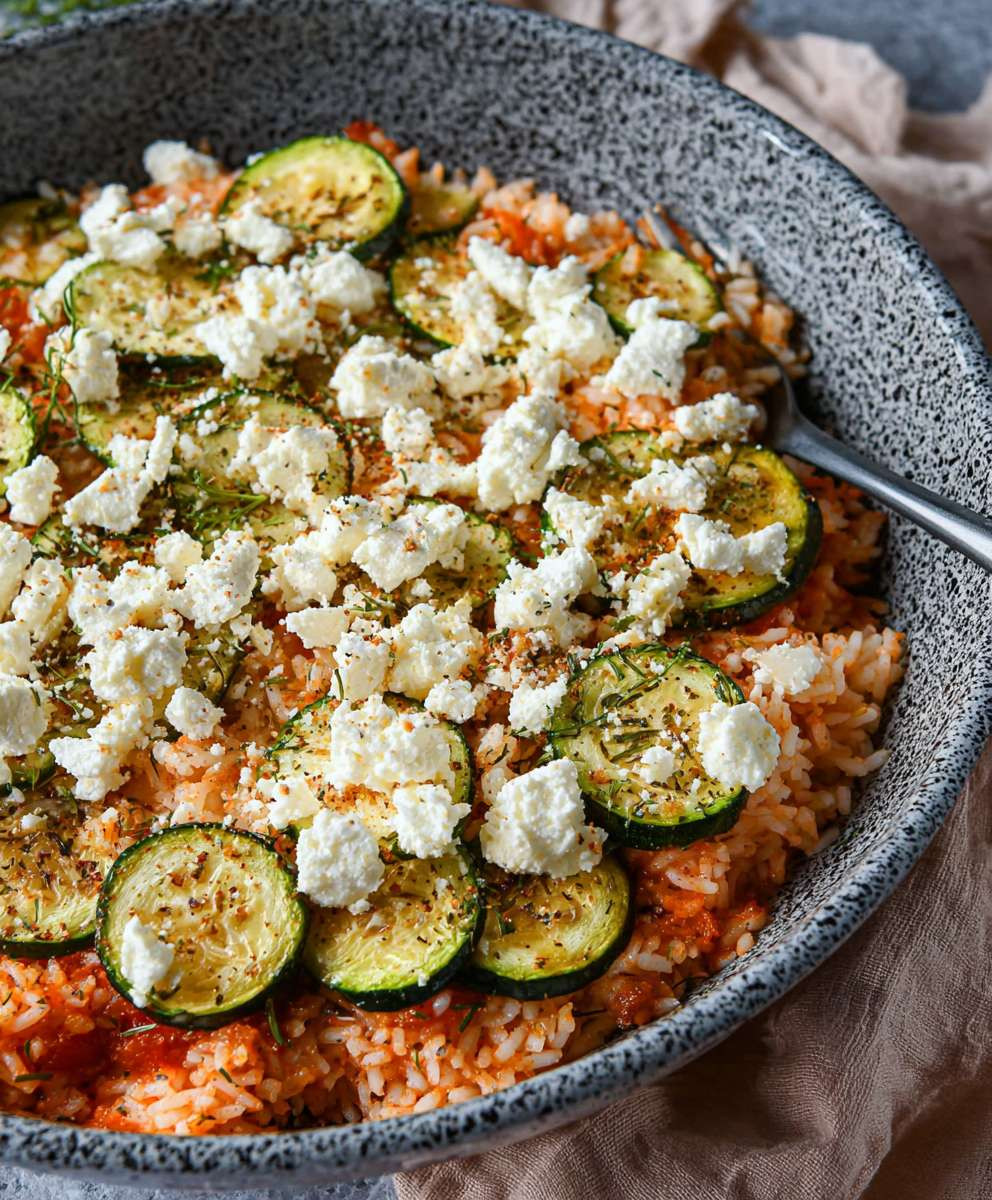 Zucchinipfanne mit Reis und Feta