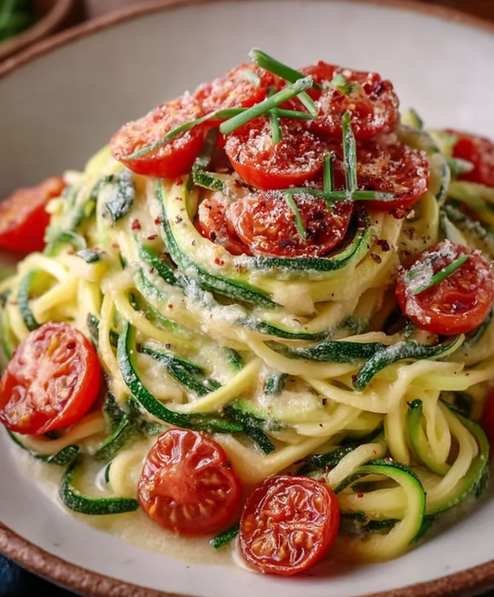 Zucchini Spaghetti Frischkäsesoße Tomaten