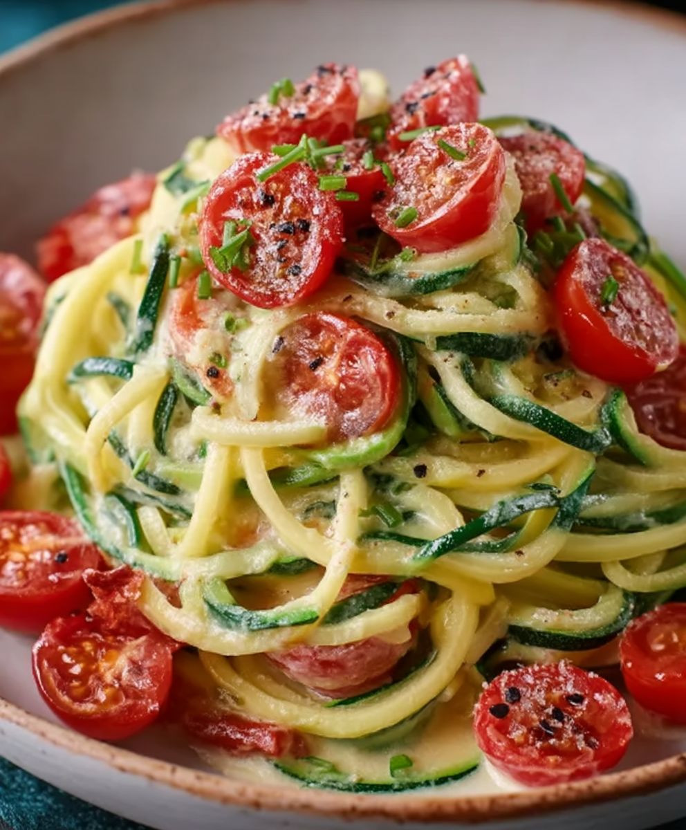 Zucchini Spaghetti Frischkäsesoße Tomaten