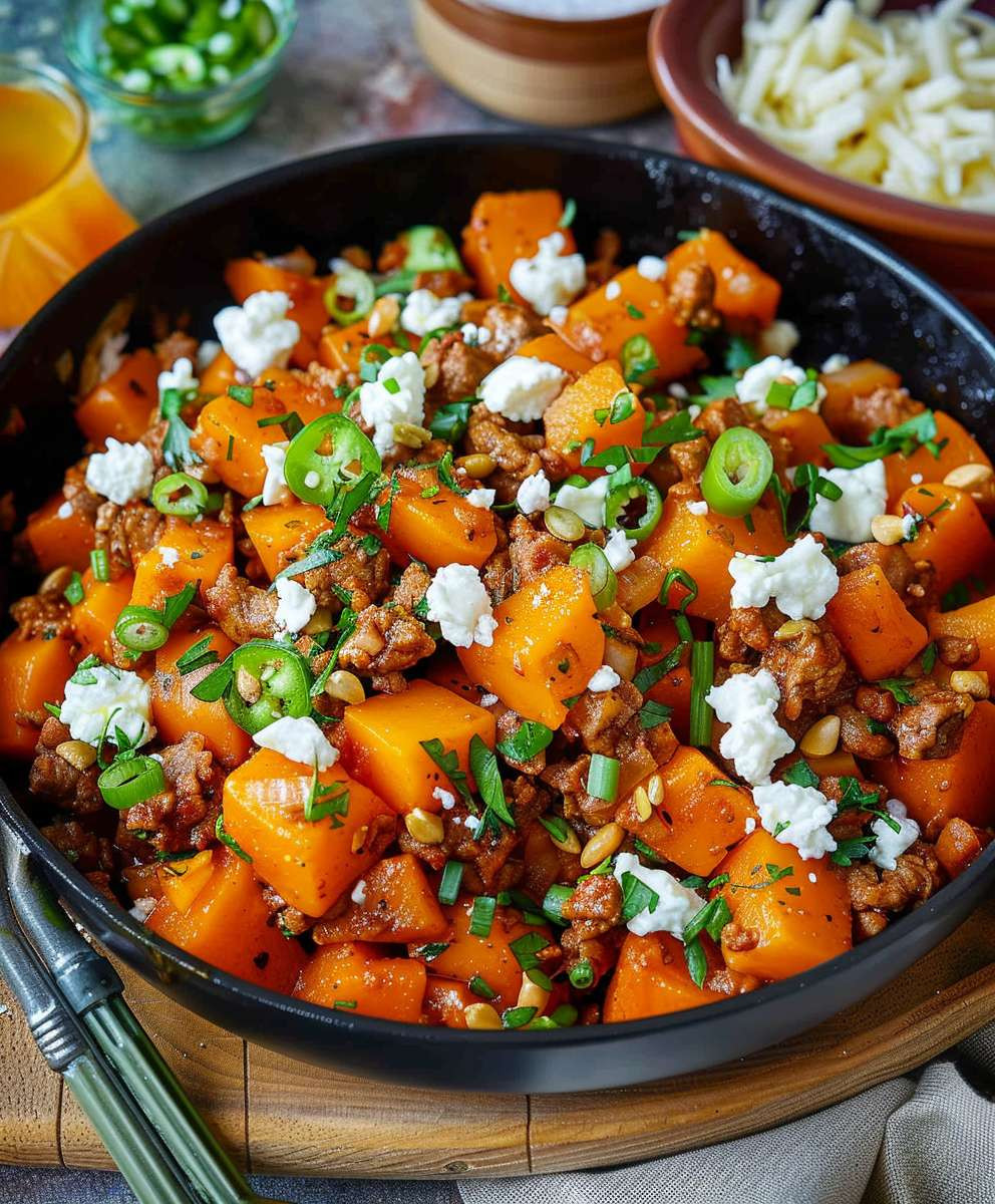 Kürbis Hackfleisch Pfanne Feta