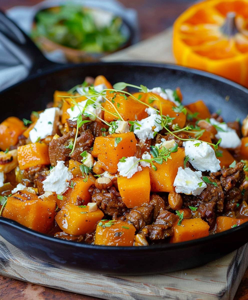 Kürbis Hackfleisch Pfanne Feta