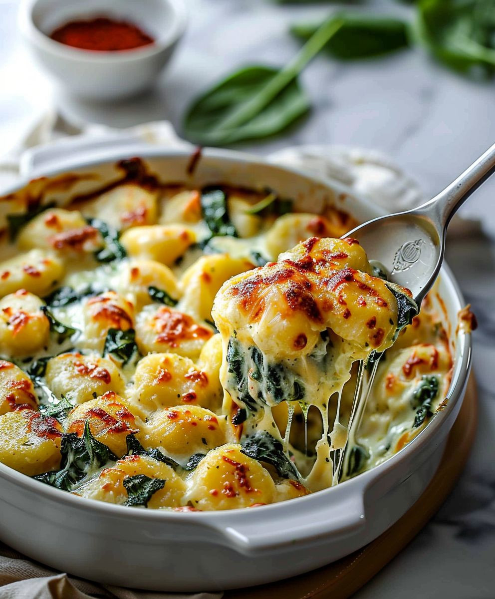 Cremiges Pesto Spinat Gnocchi Auflauf