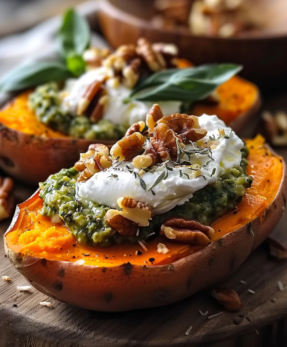 Stuffed Sweet Potatoes With Burrata Toasted Walnuts Sage Pesto