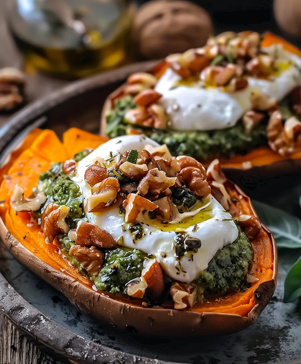 Stuffed Sweet Potatoes With Burrata Toasted Walnuts Sage Pesto