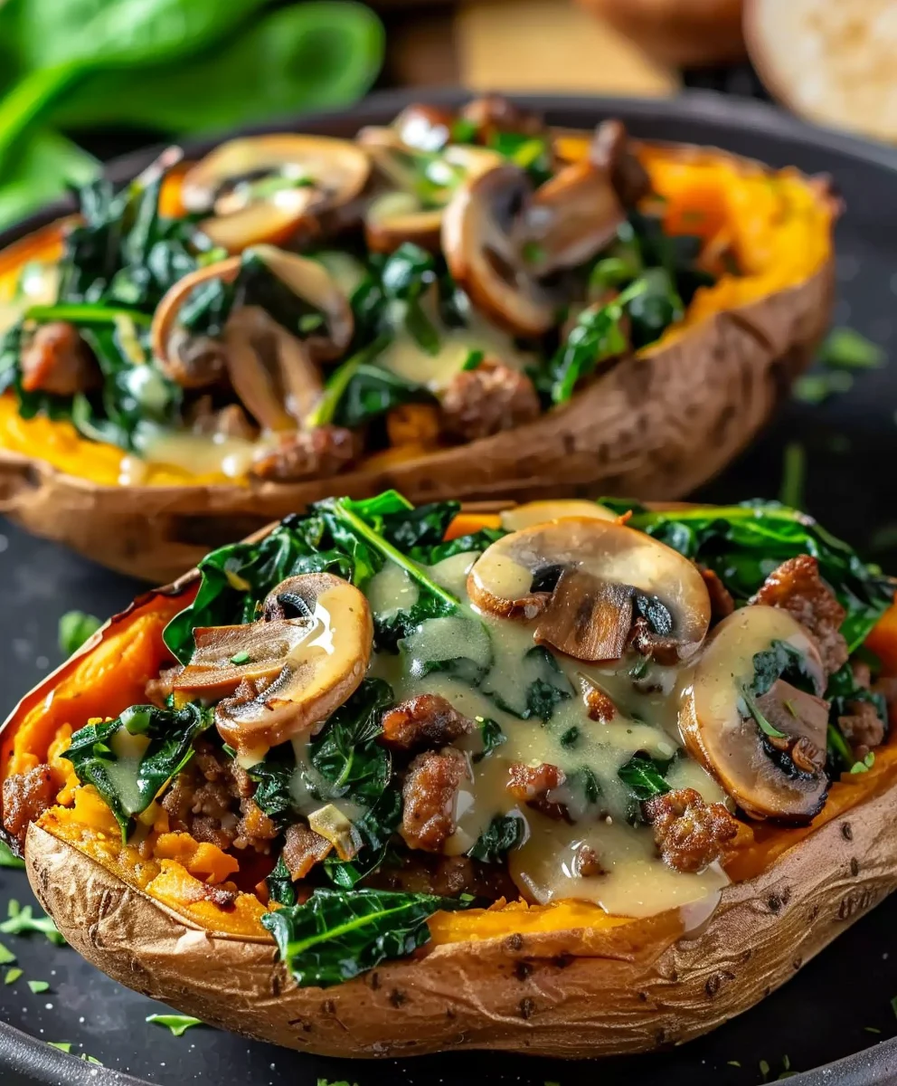 Gefüllte Süßkartoffeln: Beef-Champignons & Spinat Genuss!