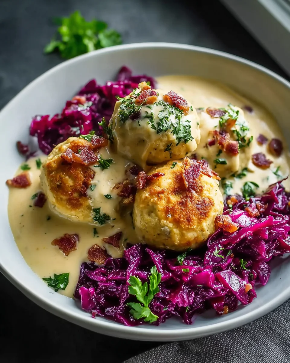 Brezenknödel mit Rotkohl und cremiger Specksauce – Rezept!