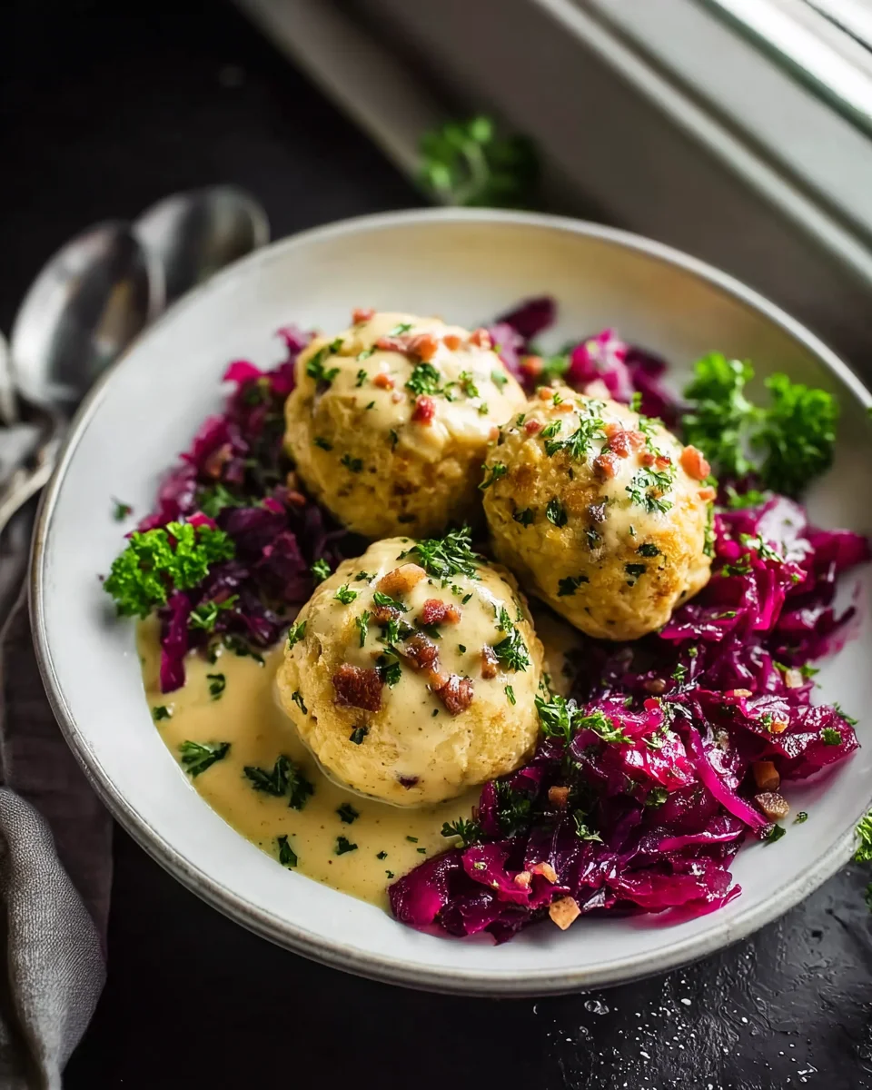 Brezenknödel mit fruchtigem Rotkohl und Speck-Sahne-Sauce
