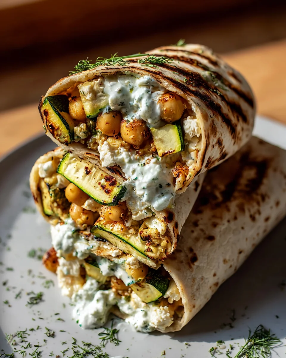 Grill-Zucchini und Feta Wrap mit Kichererbsen und Joghurt