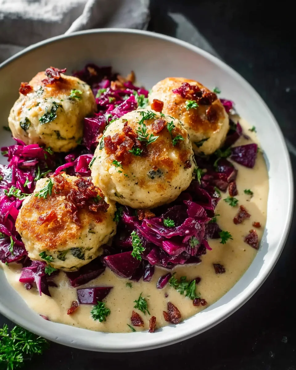 Brezenknödel mit Rotkohl und cremiger Specksauce – Rezept!