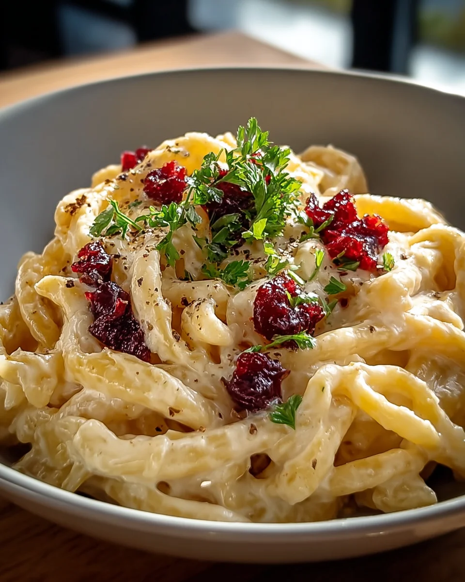 Brie Pasta mit Preiselbeer-Kompot und alkoholfreien Beeren