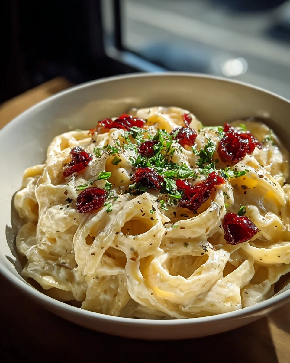 Brie Pasta mit Preiselbeer-Kompot und alkoholfreien Beeren