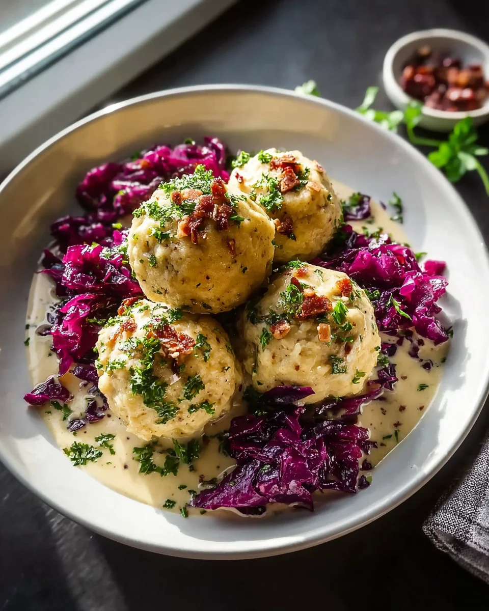 Brezenknödel mit fruchtigem Rotkohl und Speck-Sahne-Sauce