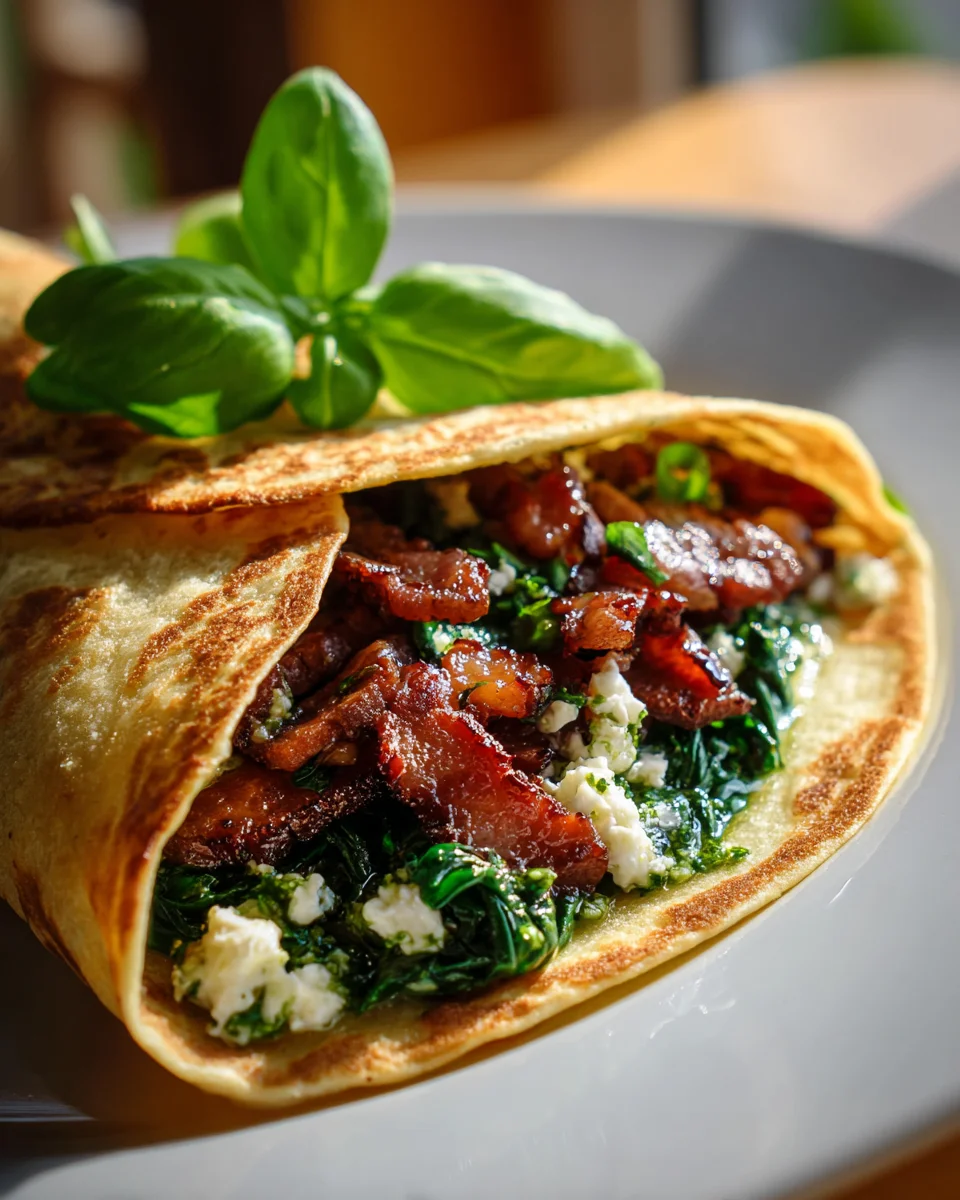 Leckerer Beef Bacon Feta Frühstücks-Wrap mit Spinat & Pesto