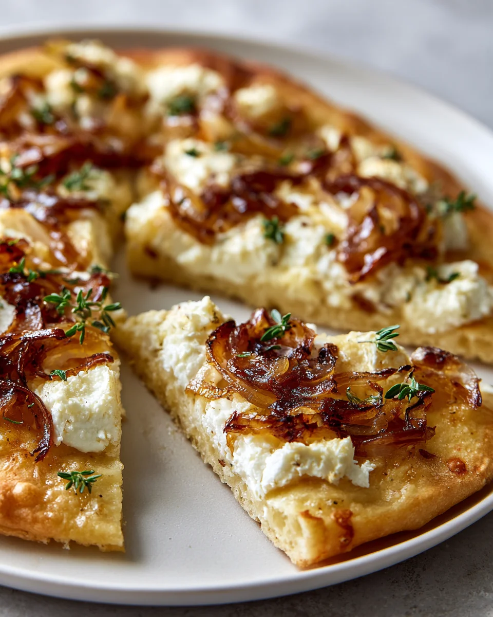 Rezept: Tarte Flambée mit Ziegenkäse & karamellisierten Zwiebeln