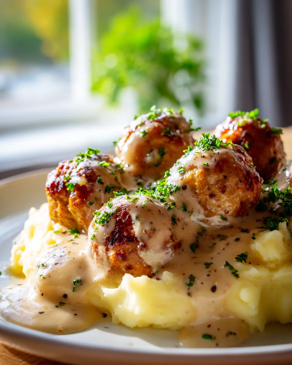 Herzhafte Hackbällchen: Cremige Sauce & Kartoffelpüree