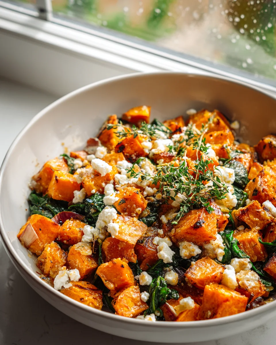 Gesunde Honig-Feta Süßkartoffelpfanne mit frischem Spinat