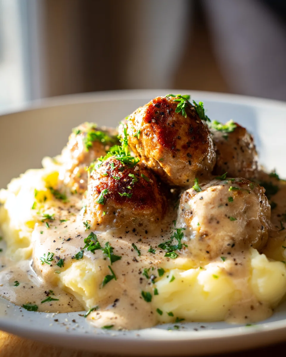Herzhafte Hackbällchen: Cremige Sauce & Kartoffelpüree