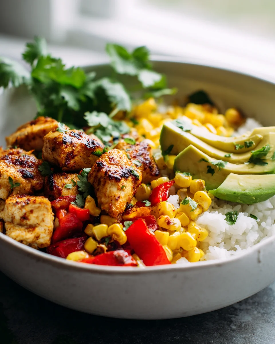 Leckere Southwest Hähnchen Reis Bowl mit Avocado & Mais