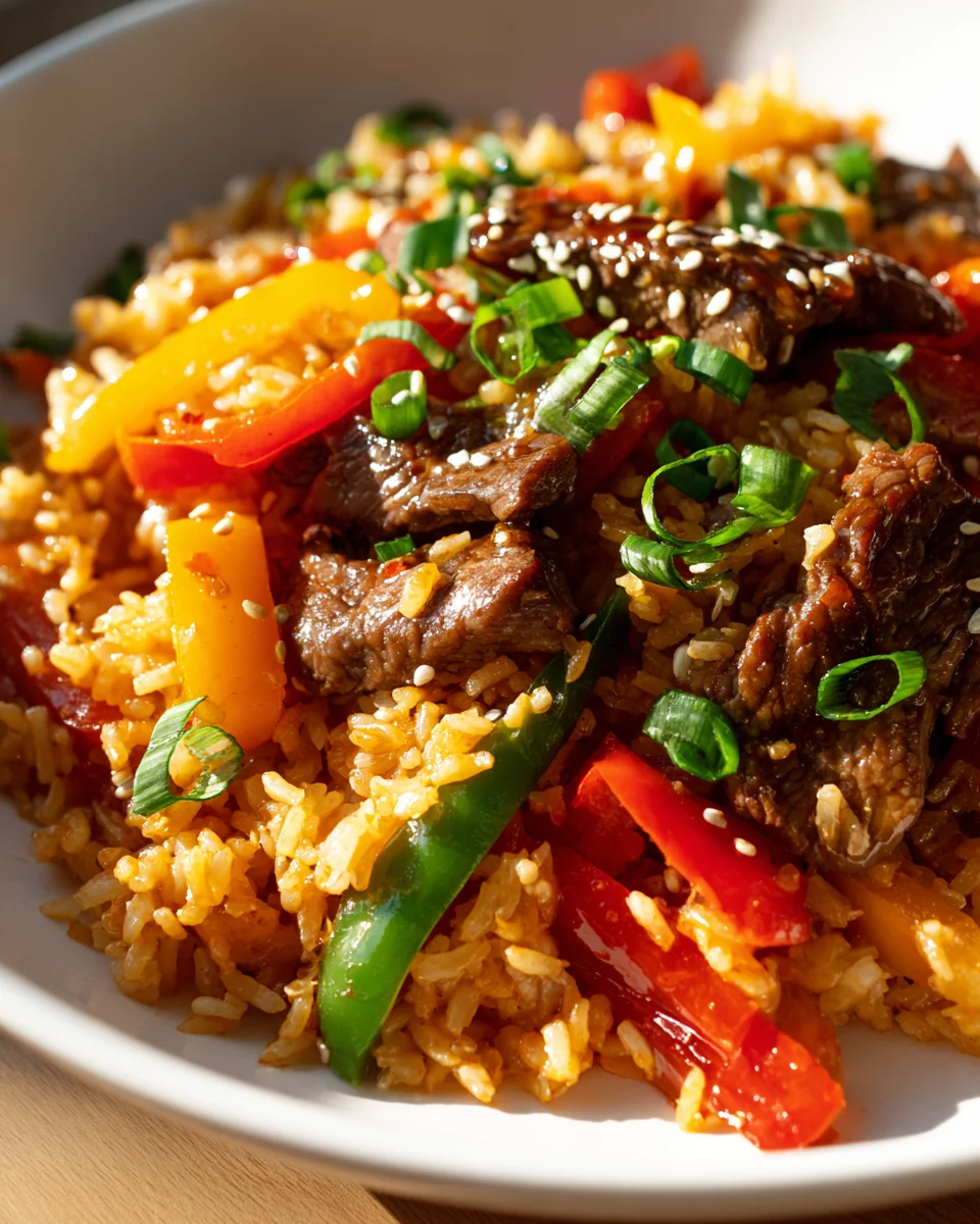 Leckere Paprika Reis Pfanne mit zarten Rinderstreifen & Teriyaki