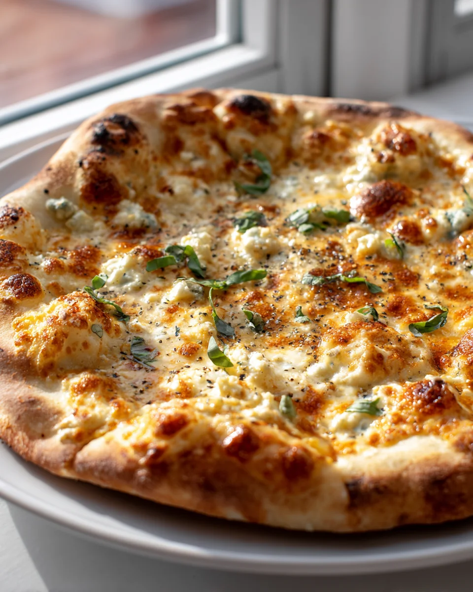 Vier Käse Pizza Traum: Mozzarella, Parmesan, Gorgonzola, Fontina