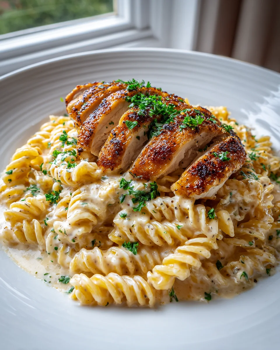 Cremiges Knoblauch Parmesan Huhn mit Käse-Pasta Twist