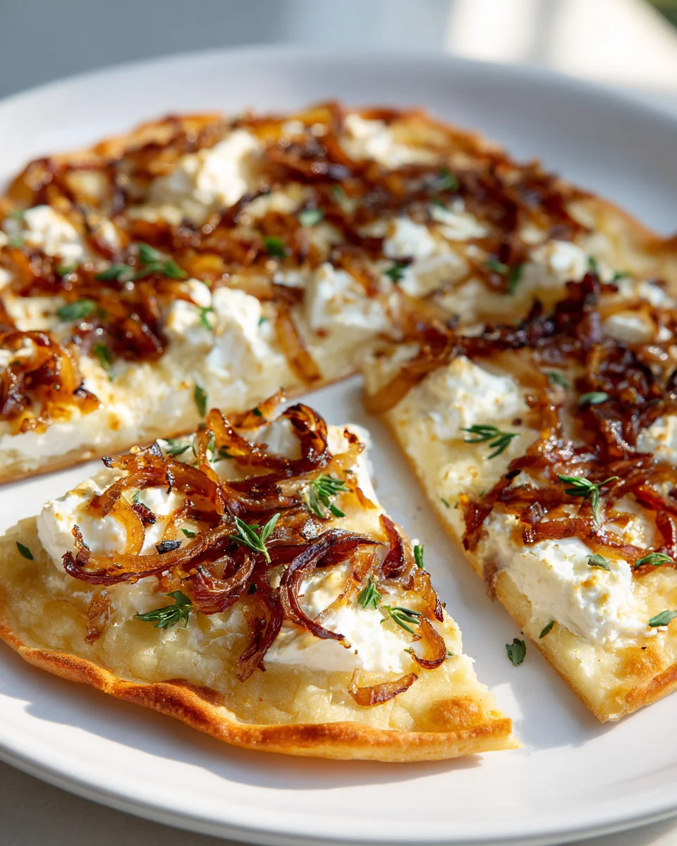 Rezept: Tarte Flambée mit Ziegenkäse & karamellisierten Zwiebeln