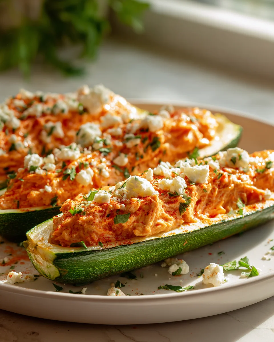Proteinreiche Buffalo Chicken Zucchiniboote | Rezept
