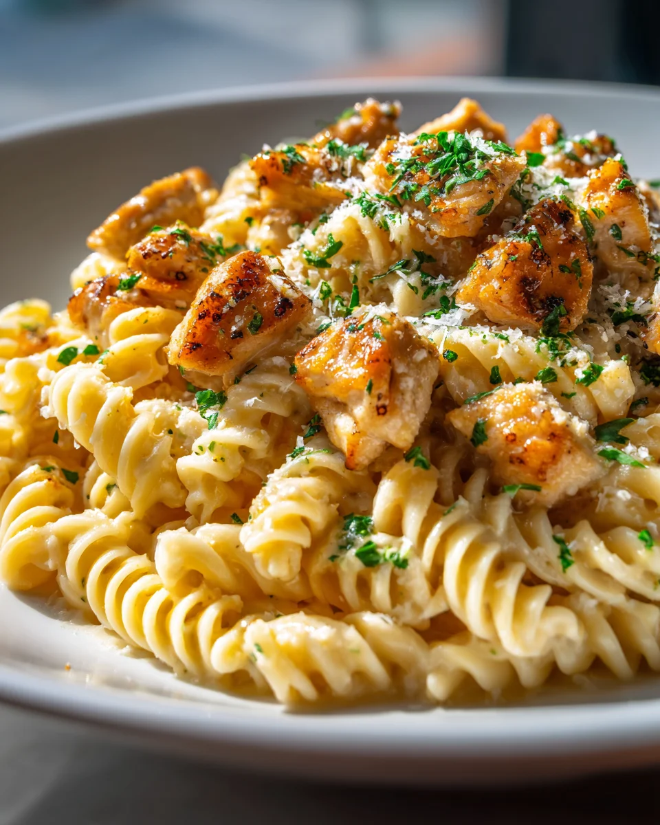 Twisted Pasta mit Honig-Knoblauch-Hähnchen & Parmesancreme