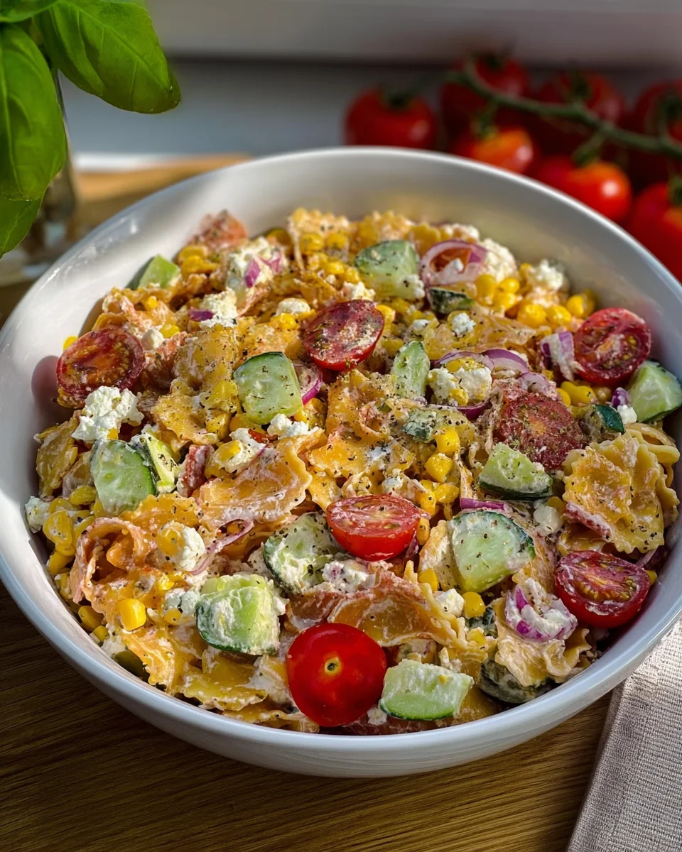 Crispy Pasta Salad mit Feta und frischem Gemüse genießen!