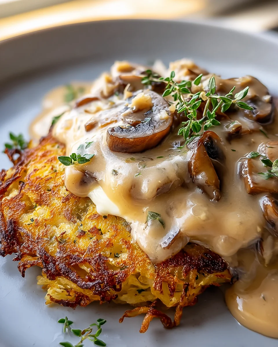 Mozzarella Rösti mit Zwiebel-Pilzrahmsauce genießen!