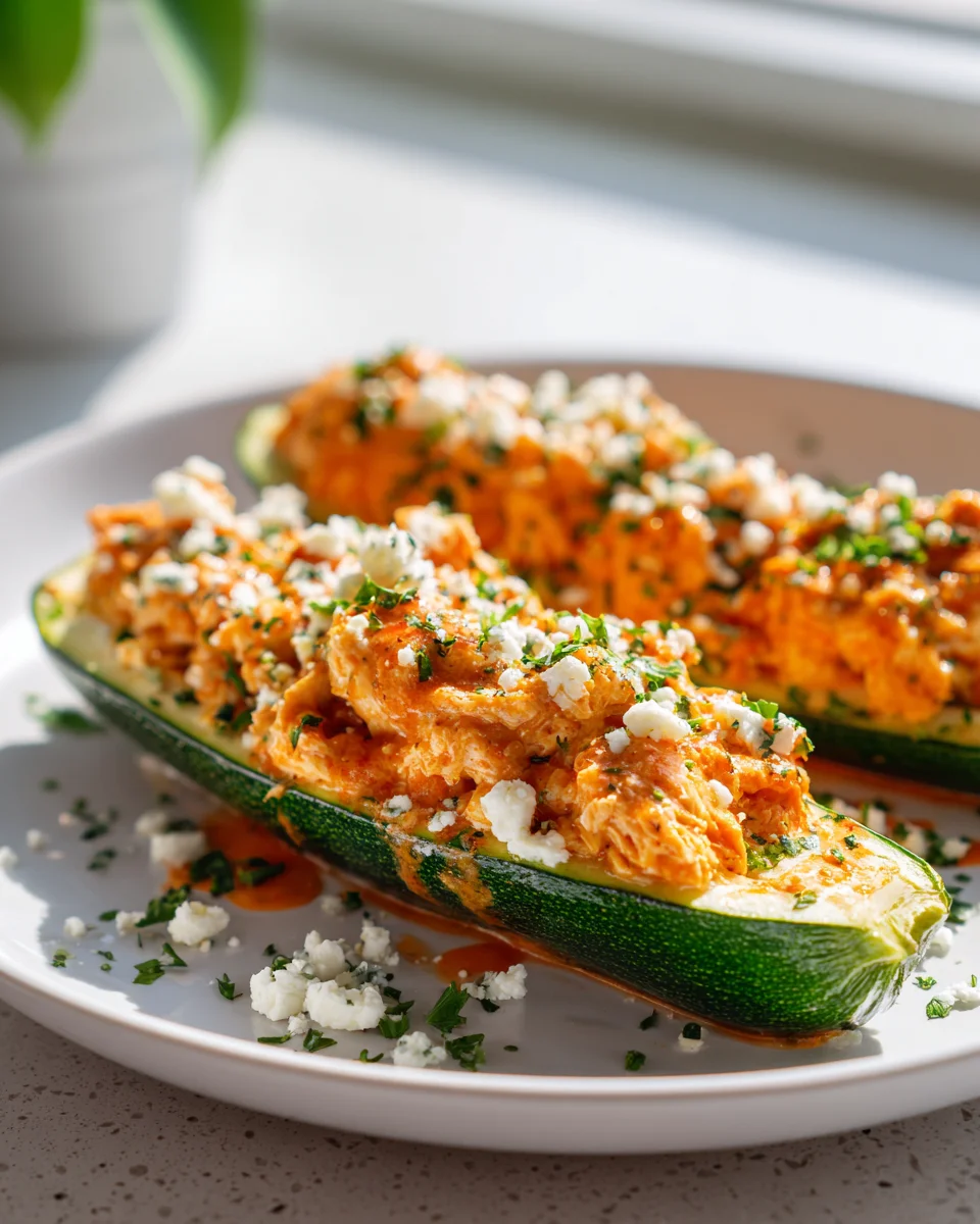 Proteinreiche Buffalo Chicken Zucchiniboote | Rezept