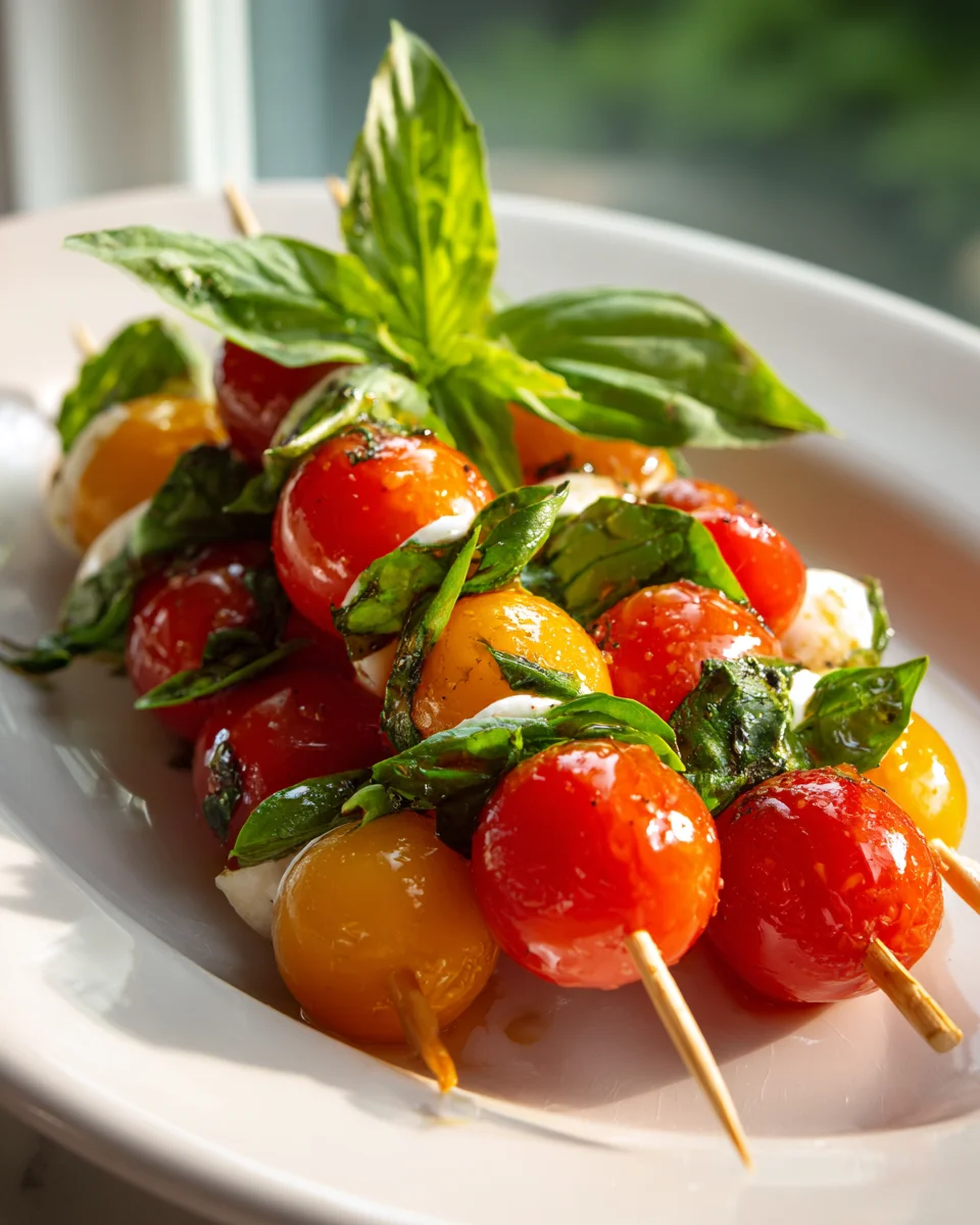 Leckere Caprese Spieße mit Kirsch-Tomaten und Basilikum