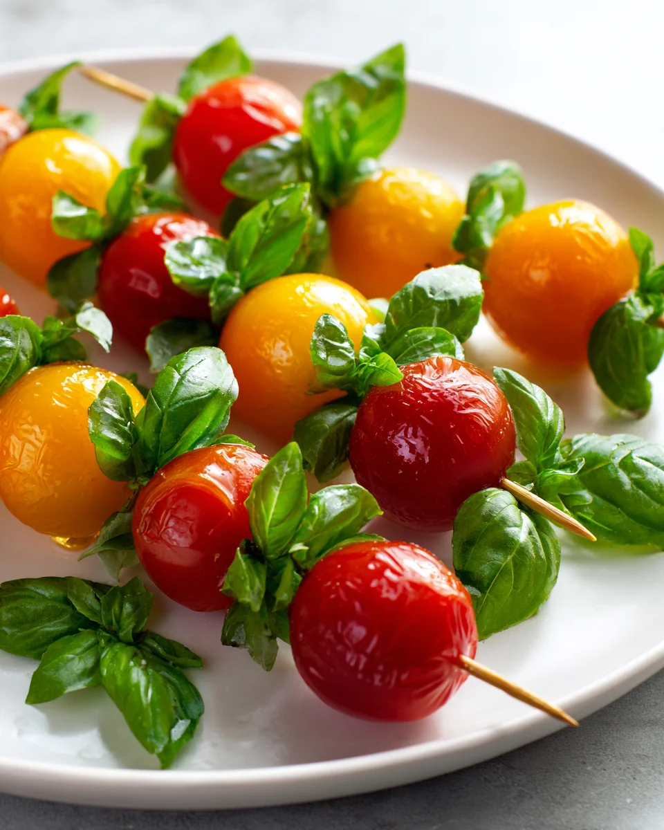 Leckere Caprese Spieße mit Kirsch-Tomaten und Basilikum