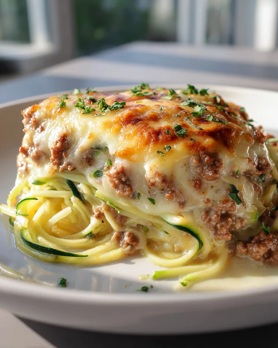 Zucchini Spaghetti Auflauf mit saftigem Rinderhack & Mozzarella