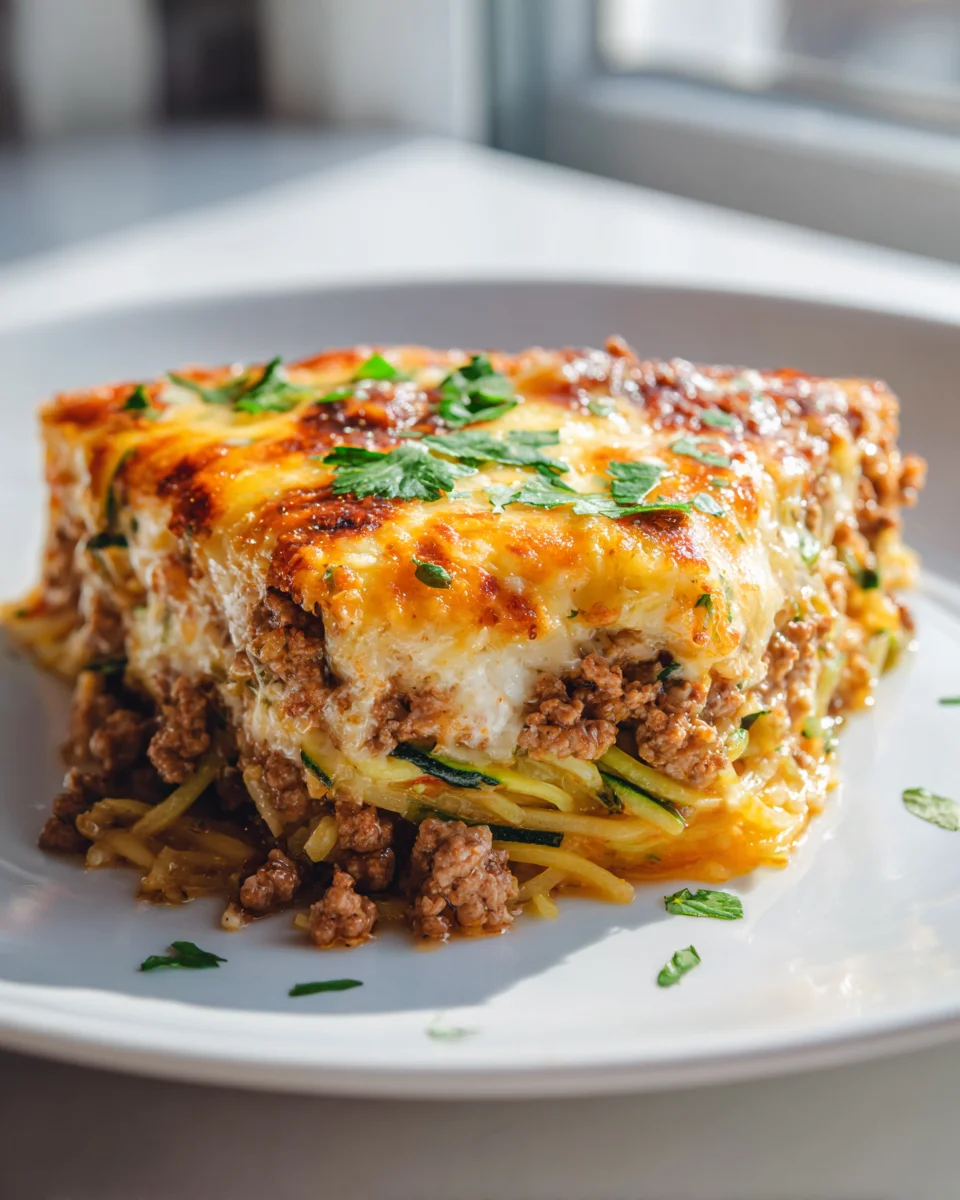 Zucchini Spaghetti Auflauf mit saftigem Rinderhack & Mozzarella