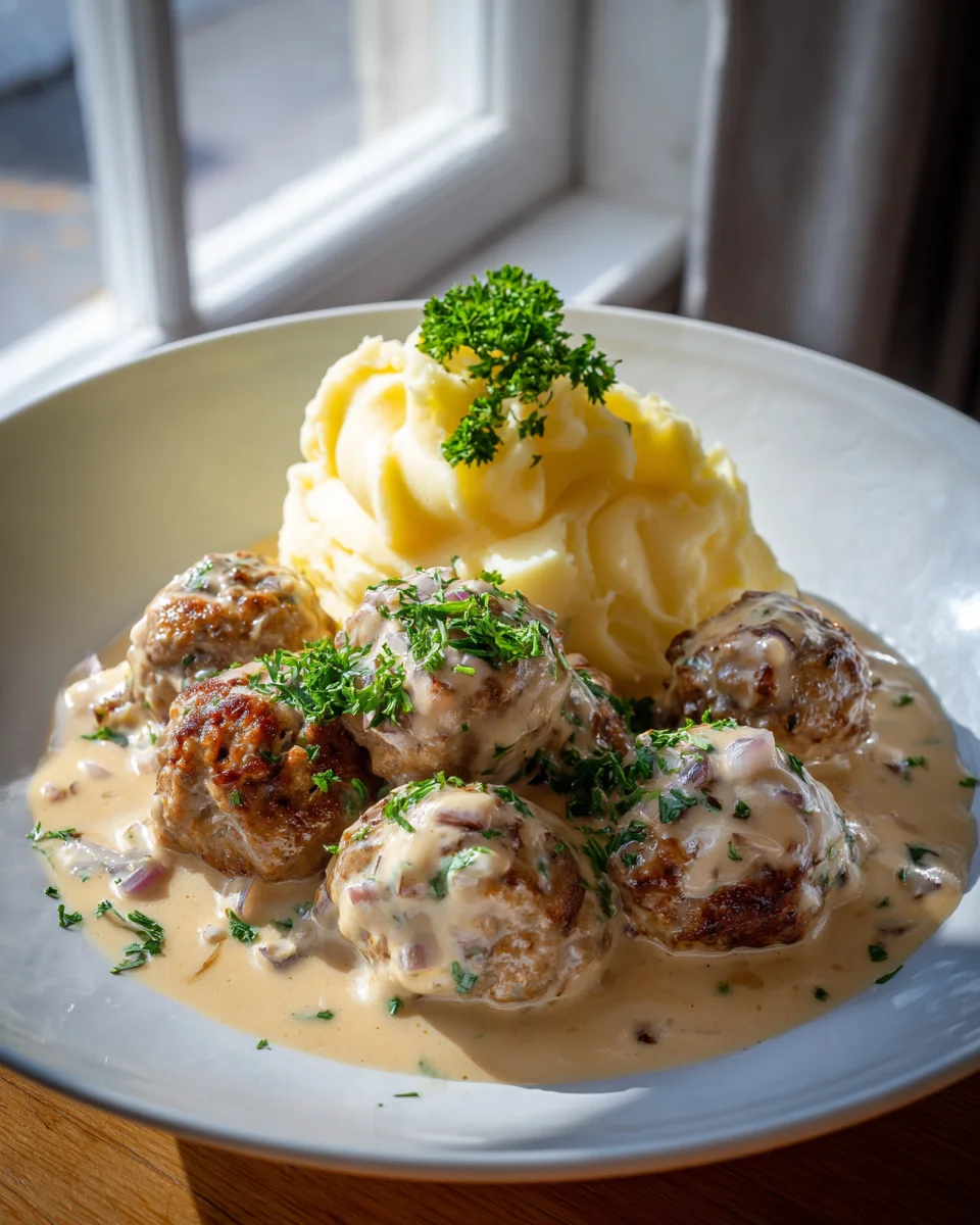 Hackbällchen in cremiger Sauce mit klassischem Kartoffelpüree