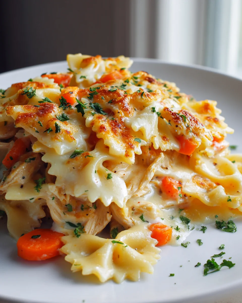 Cheddar Havarti Hähnchen Bowtie Pasta Auflauf mit Karotten