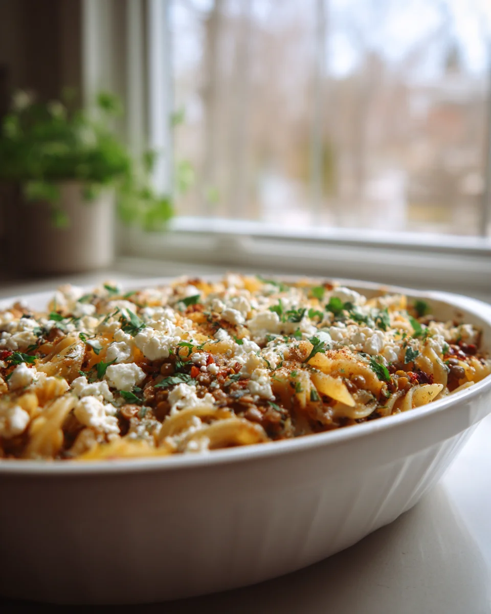Veganer Griechischer Nudelauflauf mit Linsen und Feta genießen!