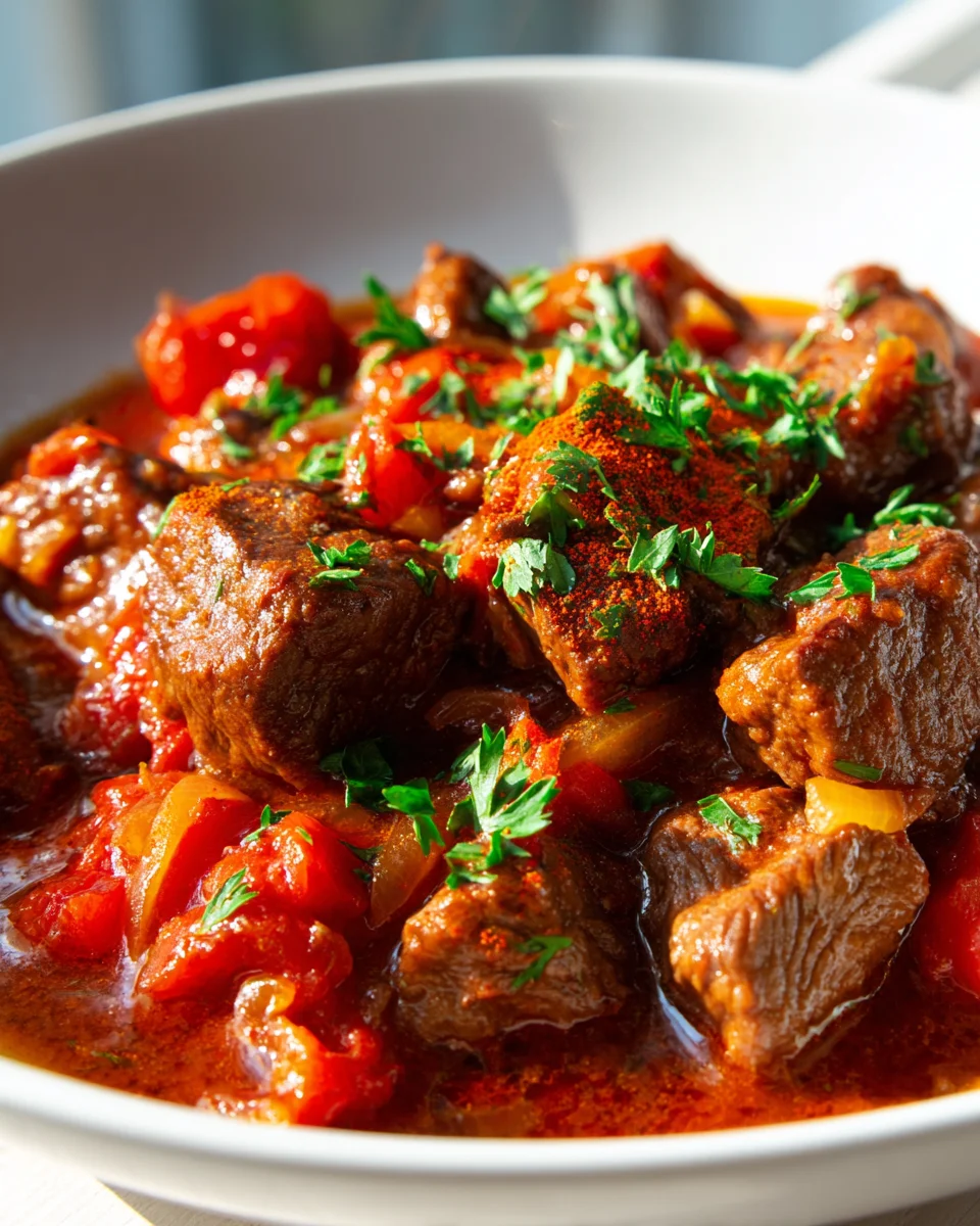 Herzhaftes Paprika-Rindergulasch mit Tomaten und Zwiebeln